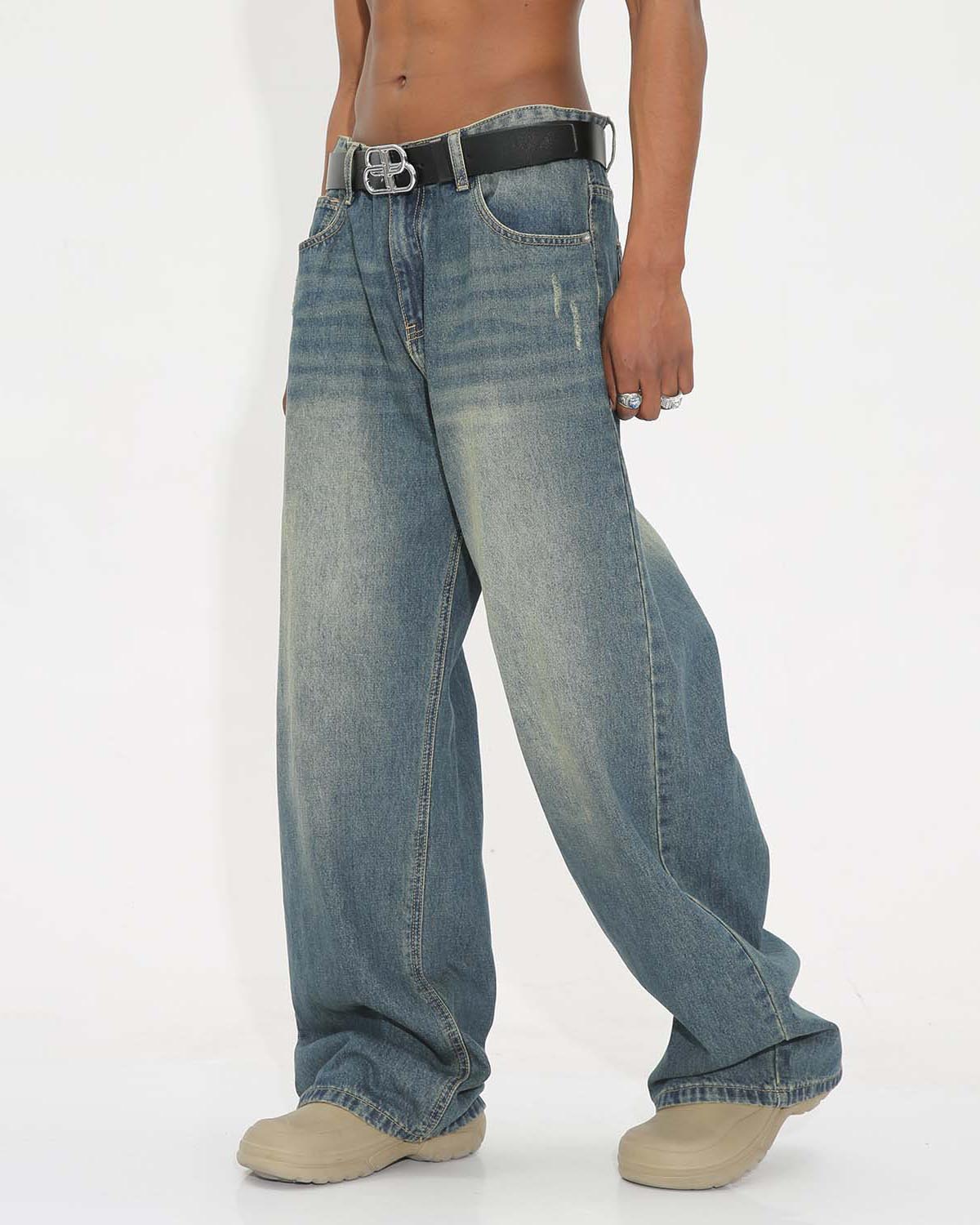 Vintage Wide-Leg Denim Pants – Streetwear Style with Faded Wash and Relaxed Fit