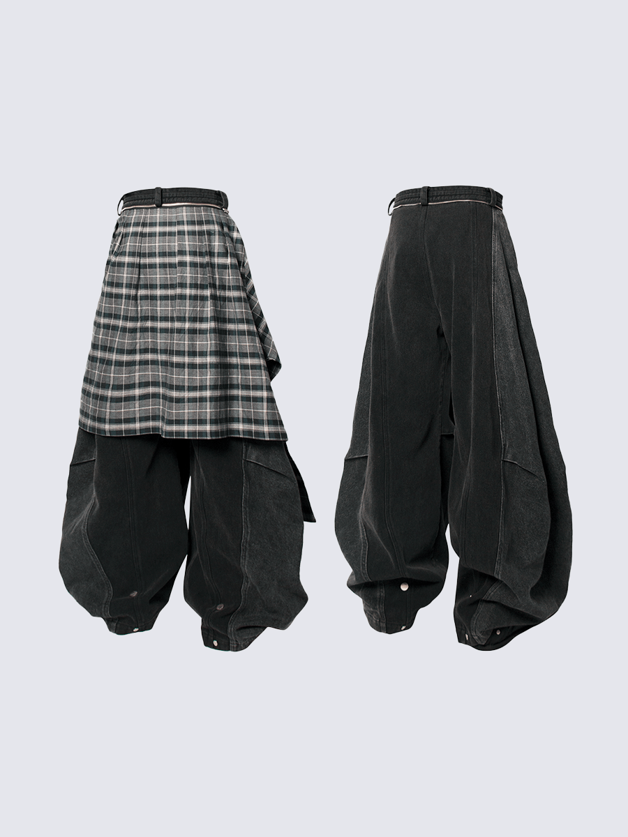 Detachable Plaid Layer Wide-Leg Pants