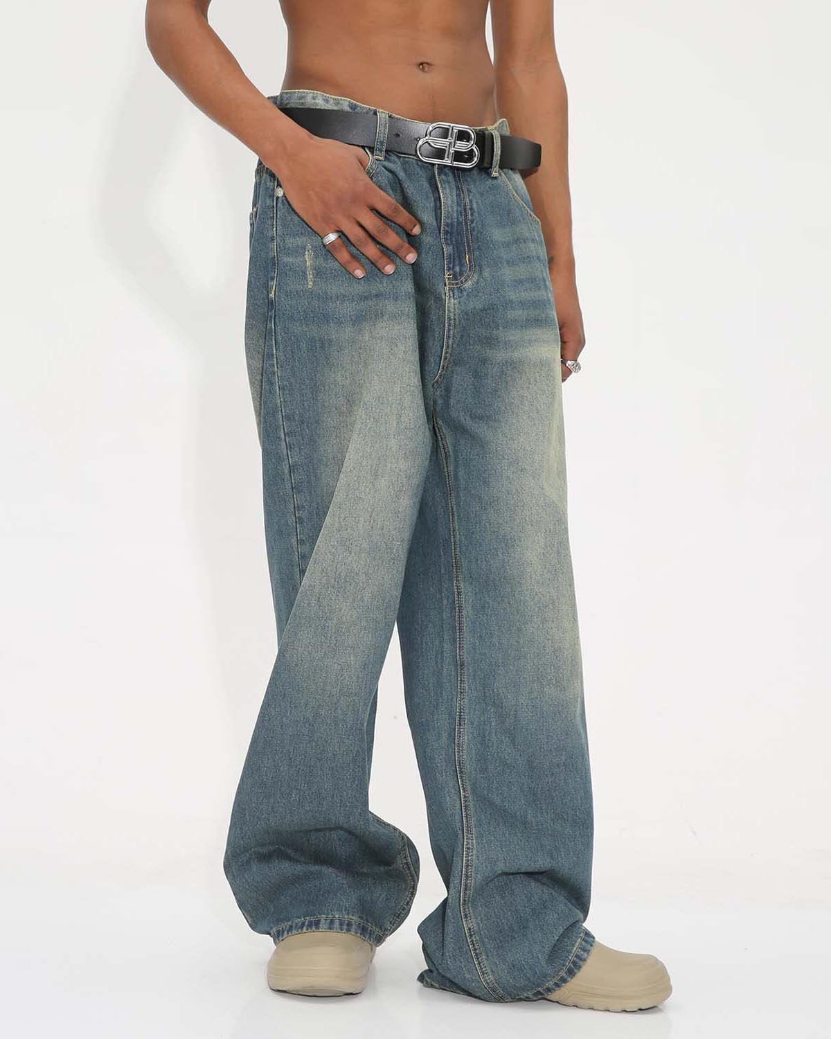 Vintage Wide-Leg Denim Pants – Streetwear Style with Faded Wash and Relaxed Fit