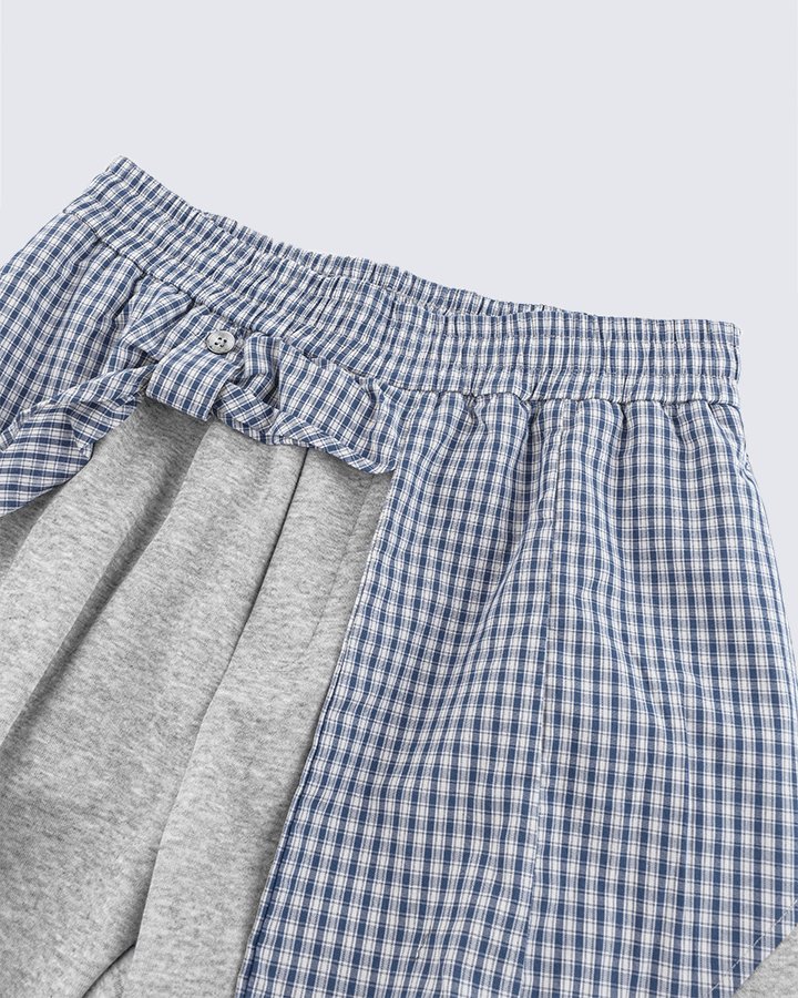 Plaid Shirt-Waist Wide-Leg Sweatpants