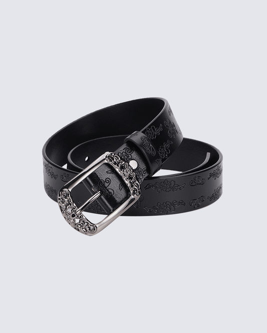 Vintage Floral Embossed Leather Belt with Ornate Buckle