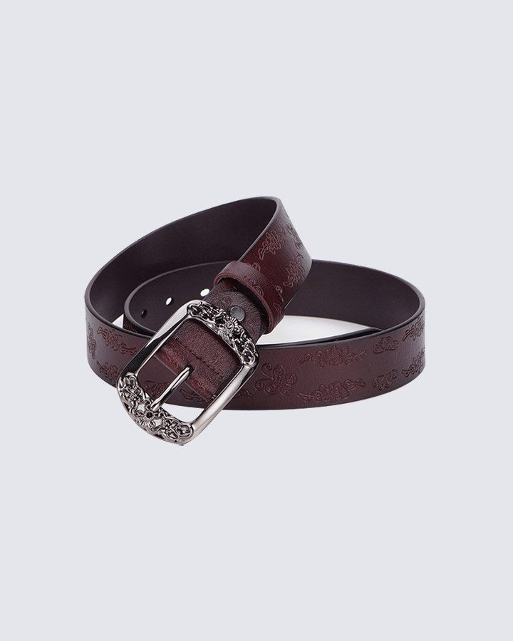 Vintage Floral Embossed Leather Belt with Ornate Buckle