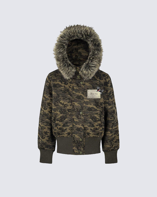 Camo Fur-Trim Thin Hooded Short Jacket