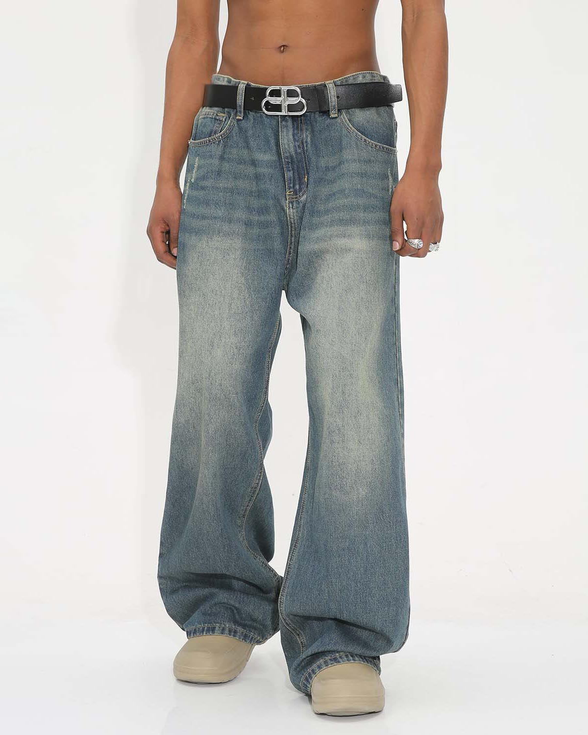 Vintage Wide-Leg Denim Pants – Streetwear Style with Faded Wash and Relaxed Fit