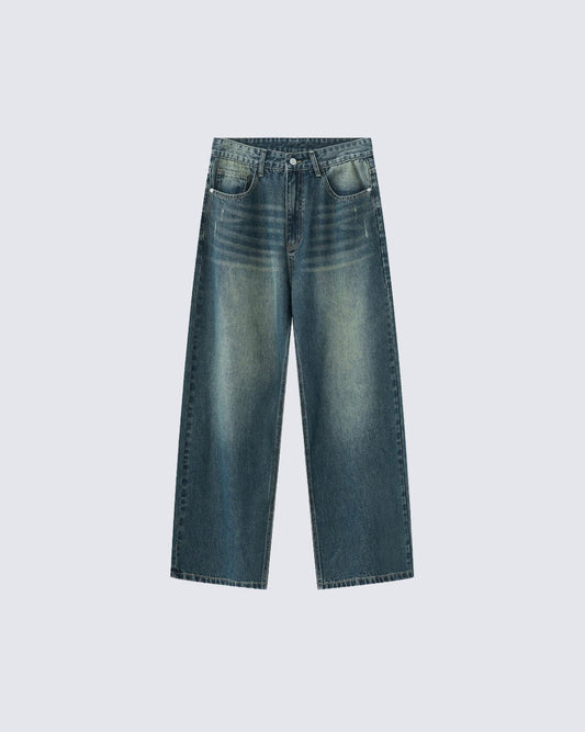 Vintage Wide-Leg Denim Pants – Streetwear Style with Faded Wash and Relaxed Fit